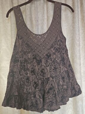 Free People Gray Floral Crochet Yoke Tank